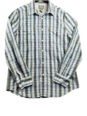 St Johns Bay Fishing Button Up Shirt Mens Medium Blue Green Plaid Vented Back